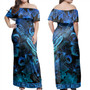 Pohnpei State Off Shoulder Long Dress Sea Turtle With Blooming Hibiscus Flowers Tribal Blue