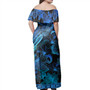 Yap State Off Shoulder Long Dress Sea Turtle With Blooming Hibiscus Flowers Tribal Blue