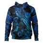 French Polynesia Hoodie Sea Turtle With Blooming Hibiscus Flowers Tribal Blue