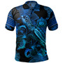 Samoa Polo Shirt Sea Turtle With Blooming Hibiscus Flowers Tribal Blue