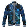 Nauru Baseball Jacket Sea Turtle With Blooming Hibiscus Flowers Tribal Blue