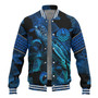 French Polynesia Baseball Jacket Sea Turtle With Blooming Hibiscus Flowers Tribal Blue