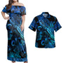 New Zealand Combo Off Shoulder Long Dress And Shirt Sea Turtle With Blooming Hibiscus Flowers Tribal Blue