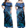 Samoa Combo Off Shoulder Long Dress And Shirt Sea Turtle With Blooming Hibiscus Flowers Tribal Blue