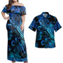 New Caledonia Combo Off Shoulder Long Dress And Shirt Sea Turtle With Blooming Hibiscus Flowers Tribal Blue