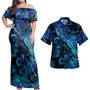 Guam Combo Off Shoulder Long Dress And Shirt Sea Turtle With Blooming Hibiscus Flowers Tribal Blue
