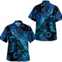 New Zealand Combo Puletasi And Shirt Sea Turtle With Blooming Hibiscus Flowers Tribal Blue