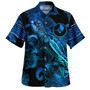 Yap State Combo Puletasi And Shirt Sea Turtle With Blooming Hibiscus Flowers Tribal Blue