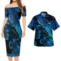 Cook Islands Combo Short Sleeve Dress And Shirt Sea Turtle With Blooming Hibiscus Flowers Tribal Blue