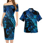 Samoa Combo Short Sleeve Dress And Shirt Sea Turtle With Blooming Hibiscus Flowers Tribal Blue