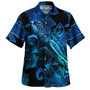 Guam Combo Short Sleeve Dress And Shirt Sea Turtle With Blooming Hibiscus Flowers Tribal Blue
