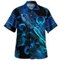 Pohnpei State Combo Short Sleeve Dress And Shirt Sea Turtle With Blooming Hibiscus Flowers Tribal Blue