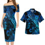 Tahiti Combo Short Sleeve Dress And Shirt Sea Turtle With Blooming Hibiscus Flowers Tribal Blue
