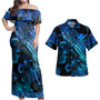 Hawaii Kanaka Maoli Combo Off Shoulder Long Dress And Shirt Sea Turtle With Blooming Hibiscus Flowers Tribal Blue