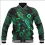 Wallis And Futuna Baseball Jacket  Sea Turtle With Blooming Hibiscus Flowers Tribal Green