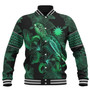 Nauru Baseball Jacket  Sea Turtle With Blooming Hibiscus Flowers Tribal Green