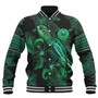 French Polynesia Baseball Jacket  Sea Turtle With Blooming Hibiscus Flowers Tribal Green