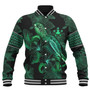 Austral Islands Baseball Jacket  Sea Turtle With Blooming Hibiscus Flowers Tribal Green
