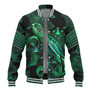 Austral Islands Baseball Jacket  Sea Turtle With Blooming Hibiscus Flowers Tribal Green