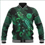 Tahiti Baseball Jacket  Sea Turtle With Blooming Hibiscus Flowers Tribal Green