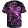 French Polynesia Baseball Shirt Sea Turtle With Blooming Hibiscus Flowers Tribal Purple