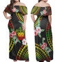 Samoa Combo Off Shoulder Long Dress And Shirt Polynesian Pattern Reggae Color Hibiscus Flowers