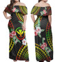 Hawaii Combo Off Shoulder Long Dress And Shirt Kanaka Maoli Reggae Color Hibiscus Flowers