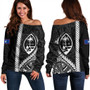 Guam Off Shoulder Sweatshirt Tribal Micronesian Coat Of Arms Gray