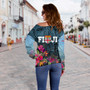 Fiji Off Shoulder Sweatshirt - Fiji Seal With Tapa Patterns Tropical Flowers Design