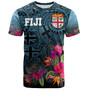 Fiji T-Shirt - Fiji Seal With Tapa Patterns Tropical Flowers Design