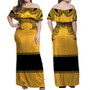 Fiji Combo Off Shoulder Long Dress And Shirt Fijian Masi Pacific Tribal Designs ( Yellow Color )