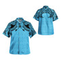 Fiji Combo Off Shoulder Long Dress And Shirt Fijian Masi Pacific Tribal Designs ( Blue Color )