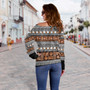 Fiji Off Shoulder Sweatshirt Fijian Tapa Pattens Brown Color Vintage Design