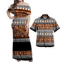 Fiji Combo Off Shoulder Long Dress And Shirt Fijian Tapa Pattens Brown Color Vintage Design