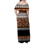 Fiji Woman Off Shoulder Long Dress Fijian Tapa Pattens Brown Color Vintage Design