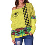 Hawaii Off Shoulder Sweatshirt Kanaka Maoli Map Seal Tropical Flowers Yellow Color