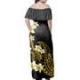 Hawaii  Woman Off Shoulder Long Dress Tribal Tattoo Plumeria Flower