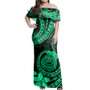 American Samoa Woman Off Shoulder Long Dress Tribal Plumeria Siapo Coat Of Arms Green