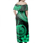 American Samoa Woman Off Shoulder Long Dress Tribal Plumeria Siapo Coat Of Arms Green