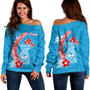 Guam Off Shoulder Sweatshirt Hook With Latte Stone Hibiscus Tropical Blue