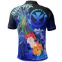 Polynesian Hawaii Polo Shrits - Kanaka Maoli Humpback Whale with Tropical Flowers (Blue) 2