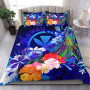 Polynesian Hawaii Bedding Set - Kanaka Maoli Humpback Whale With Tropical Flowers (Blue) 1