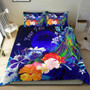 Federated States Of Micronesia Custom Personalised Bedding Set - Humpback Whale With Tropical Flowers (Blue) 1