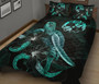 Tonga Polynesian Quilt Bed Set - Turtle With Blooming Hibiscus Turquoise 2