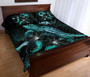 Tonga Polynesian Quilt Bed Set - Turtle With Blooming Hibiscus Turquoise 3
