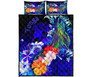 Tonga Quilt Bed Set - Humpback Whale with Tropical Flowers (Blue) 5