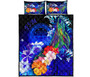 Federated States of Micronesia Quilt Bed Set - Humpback Whale with Tropical Flowers (Blue) 5