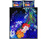 Samoa Quilt Bed Set - Humpback Whale with Tropical Flowers (Blue) 5