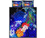 American Samoa Polynesian Custom Personalised Quilt Bed Set - Humpback Whale with Tropical Flowers (Blue) 5