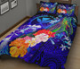 Polynesian Hawaii Quilt Bed Set - Kanaka Maoli Humpback Whale with Tropical Flowers (Blue) 2